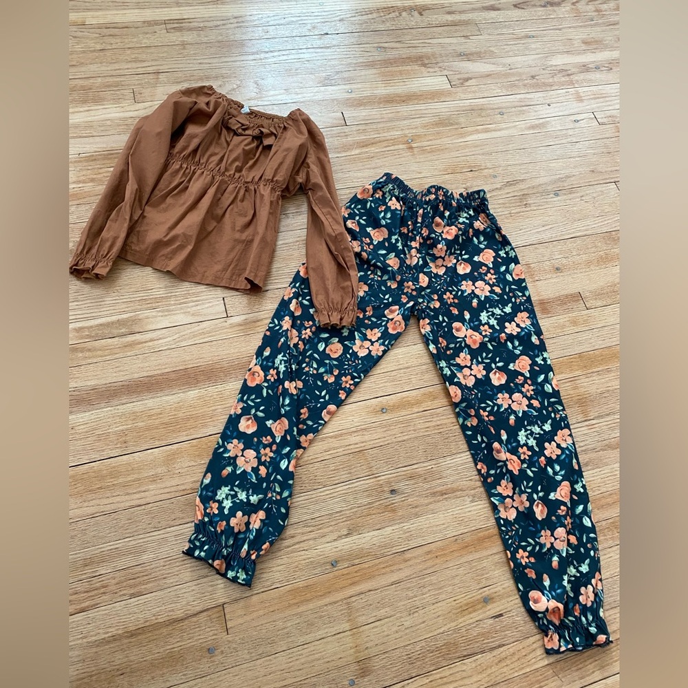 SHEIN Girl 130 fits 6-7 Floral Print Pants Long Sleeve Brown Top